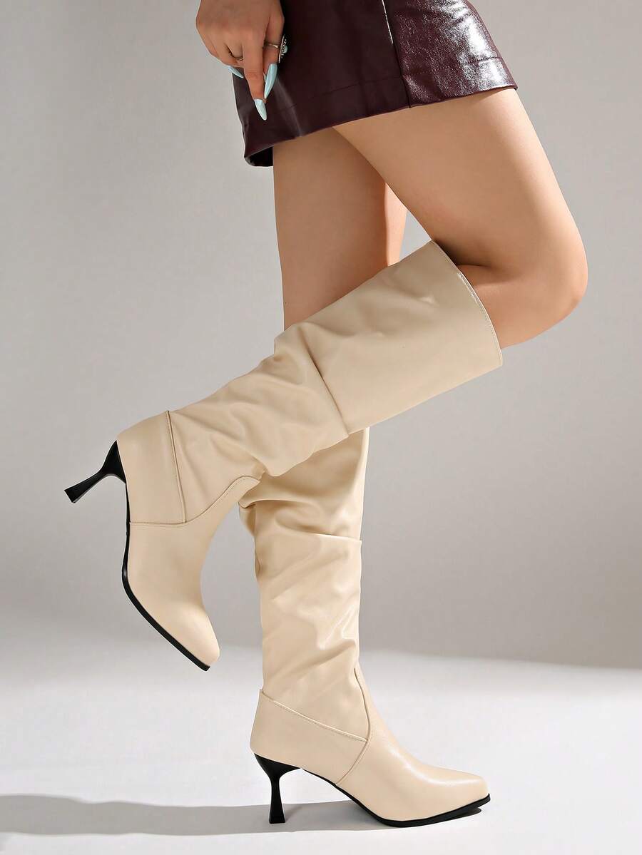 Women's pointed toe wrinkled knee-high boots with slim kitten heels in slip-on slouchy design