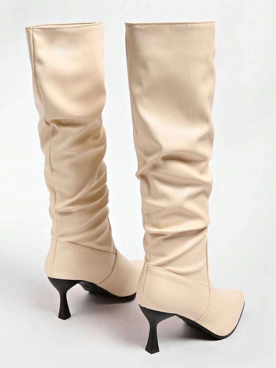 Women's pointed toe wrinkled knee-high boots with slim kitten heels in slip-on slouchy design