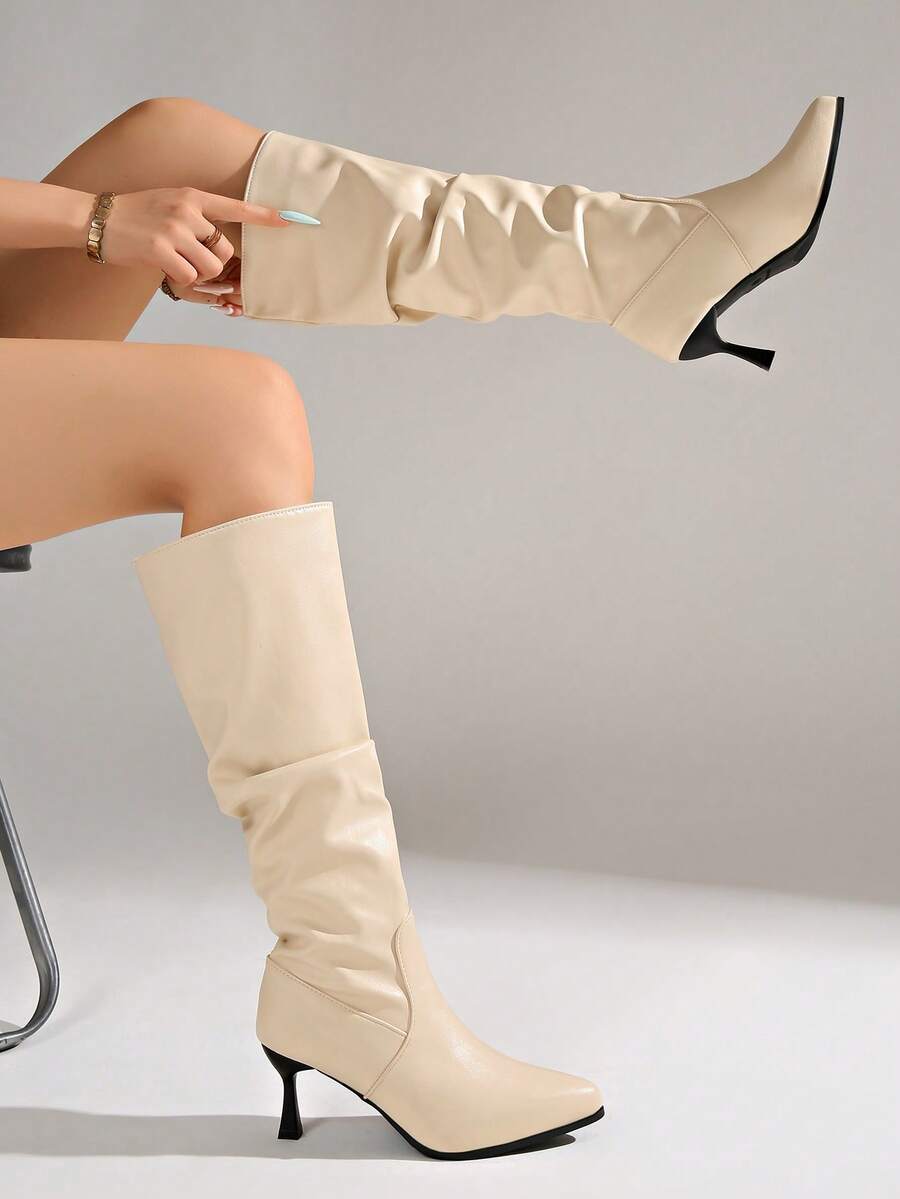 Women's pointed toe wrinkled knee-high boots with slim kitten heels in slip-on slouchy design