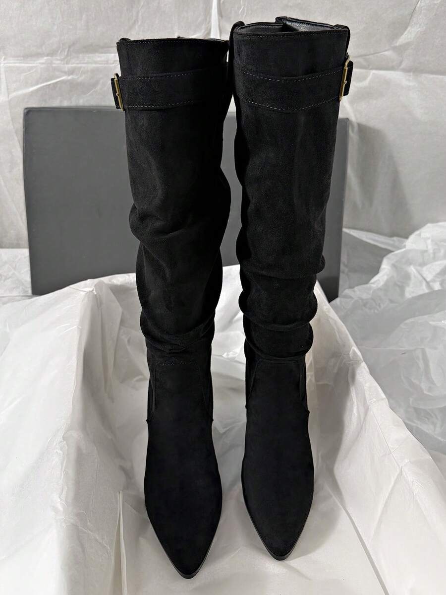 Women's pointed toe wrinkled knee-high boots with slim kitten heels in slip-on slouchy design