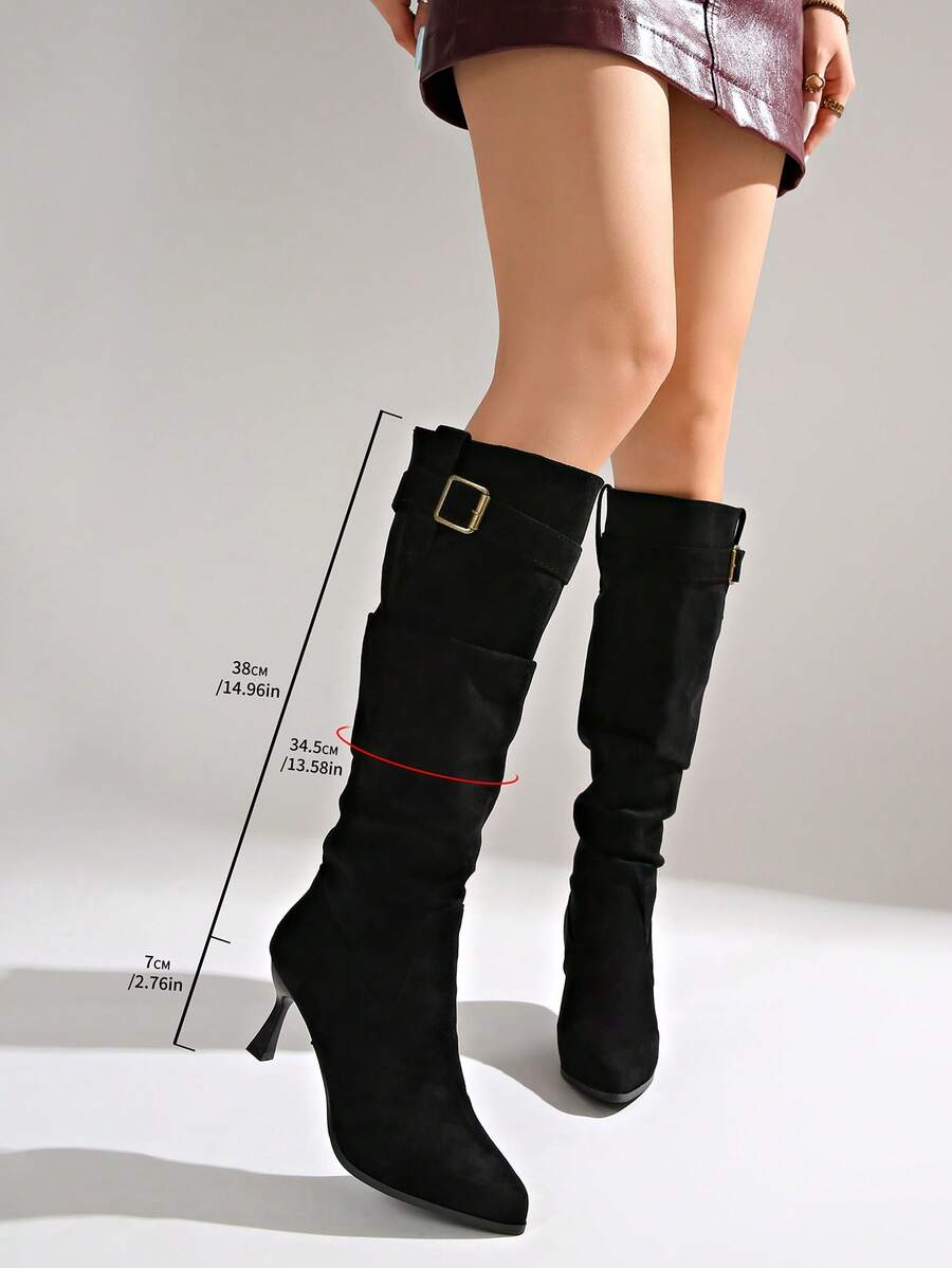Women's pointed toe wrinkled knee-high boots with slim kitten heels in slip-on slouchy design