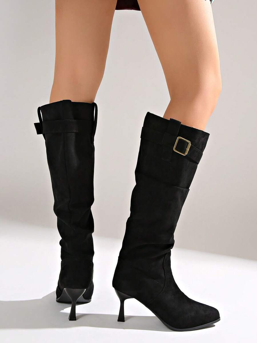 Women's pointed toe wrinkled knee-high boots with slim kitten heels in slip-on slouchy design