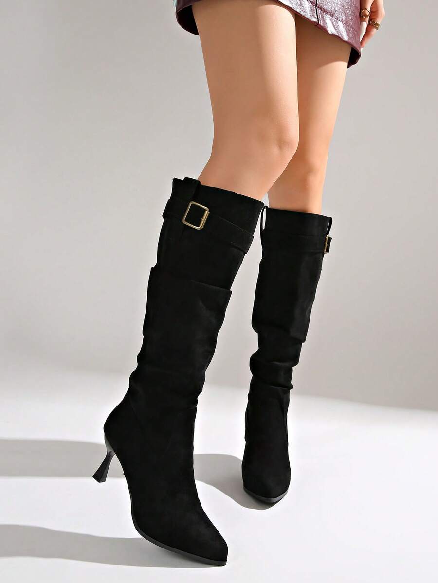 Women's pointed toe wrinkled knee-high boots with slim kitten heels in slip-on slouchy design
