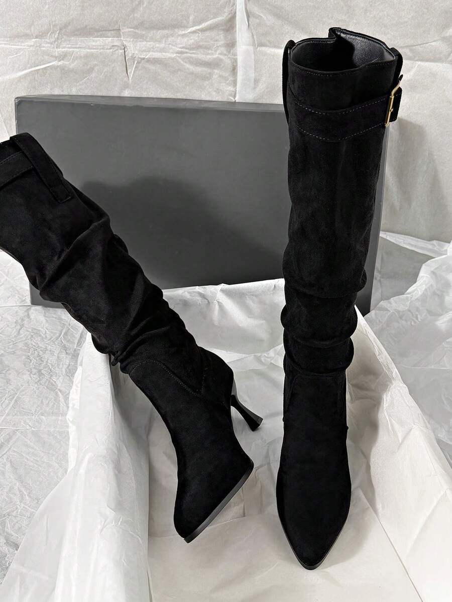 Women's pointed toe wrinkled knee-high boots with slim kitten heels in slip-on slouchy design