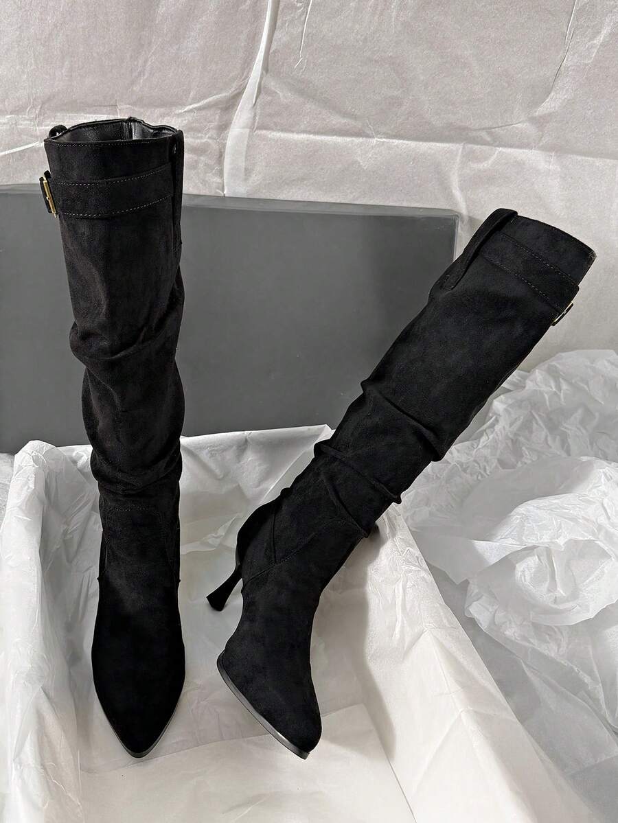 Women's pointed toe wrinkled knee-high boots with slim kitten heels in slip-on slouchy design