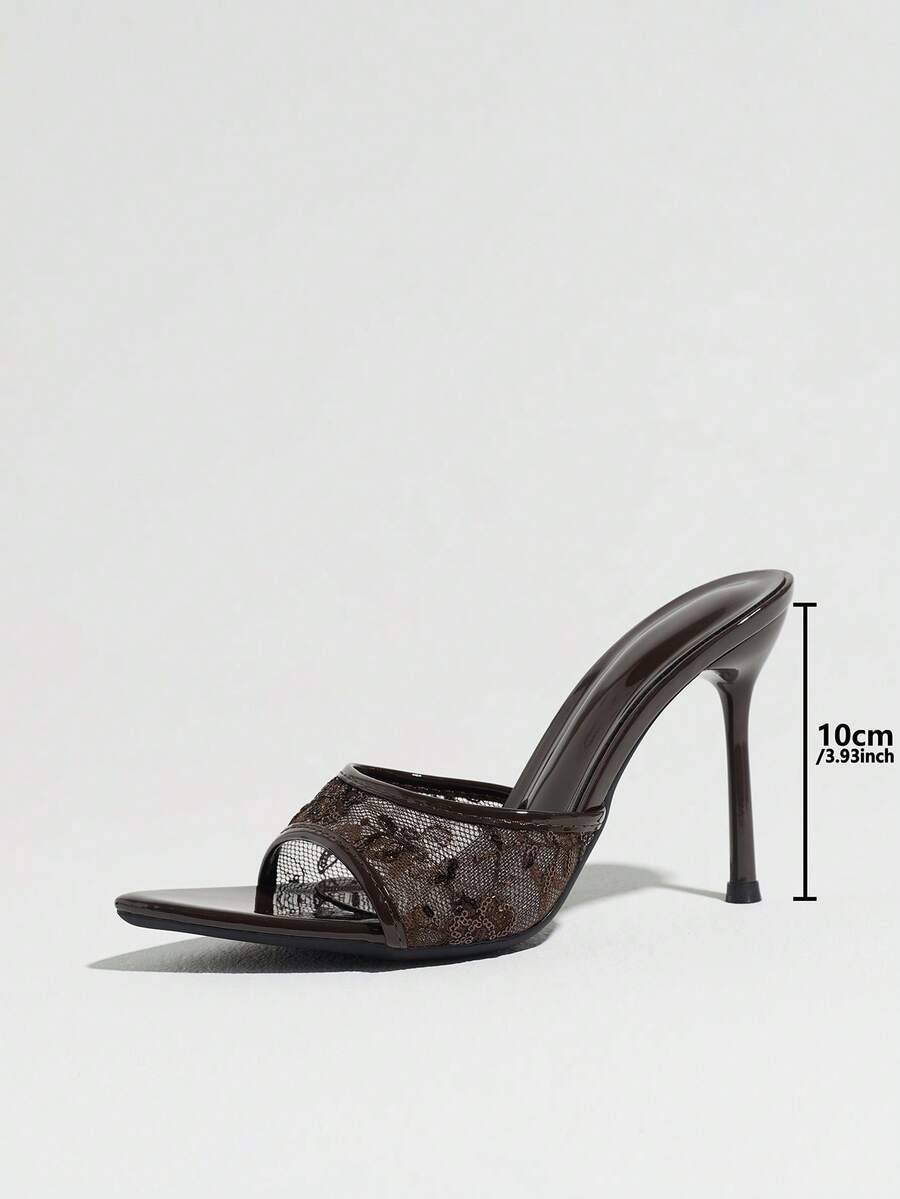 Women's open toe stiletto high heel mule shoes in smooth PU leather with slip-on strap design.