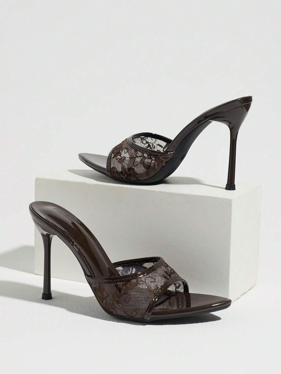 Women's open toe stiletto high heel mule shoes in smooth PU leather with slip-on strap design.