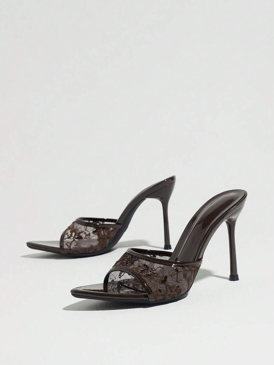 Women's open toe stiletto high heel mule shoes in smooth PU leather with slip-on strap design.