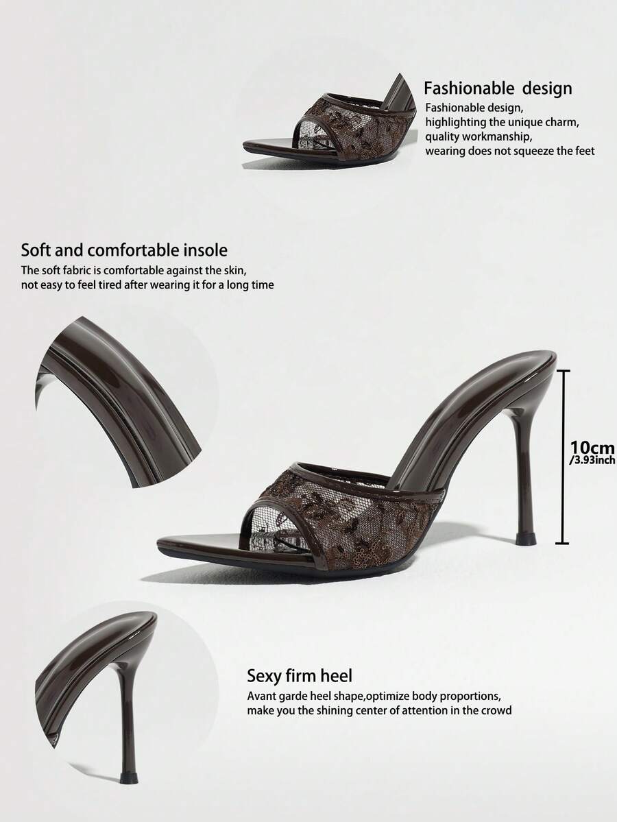 Women's open toe stiletto high heel mule shoes in smooth PU leather with slip-on strap design.