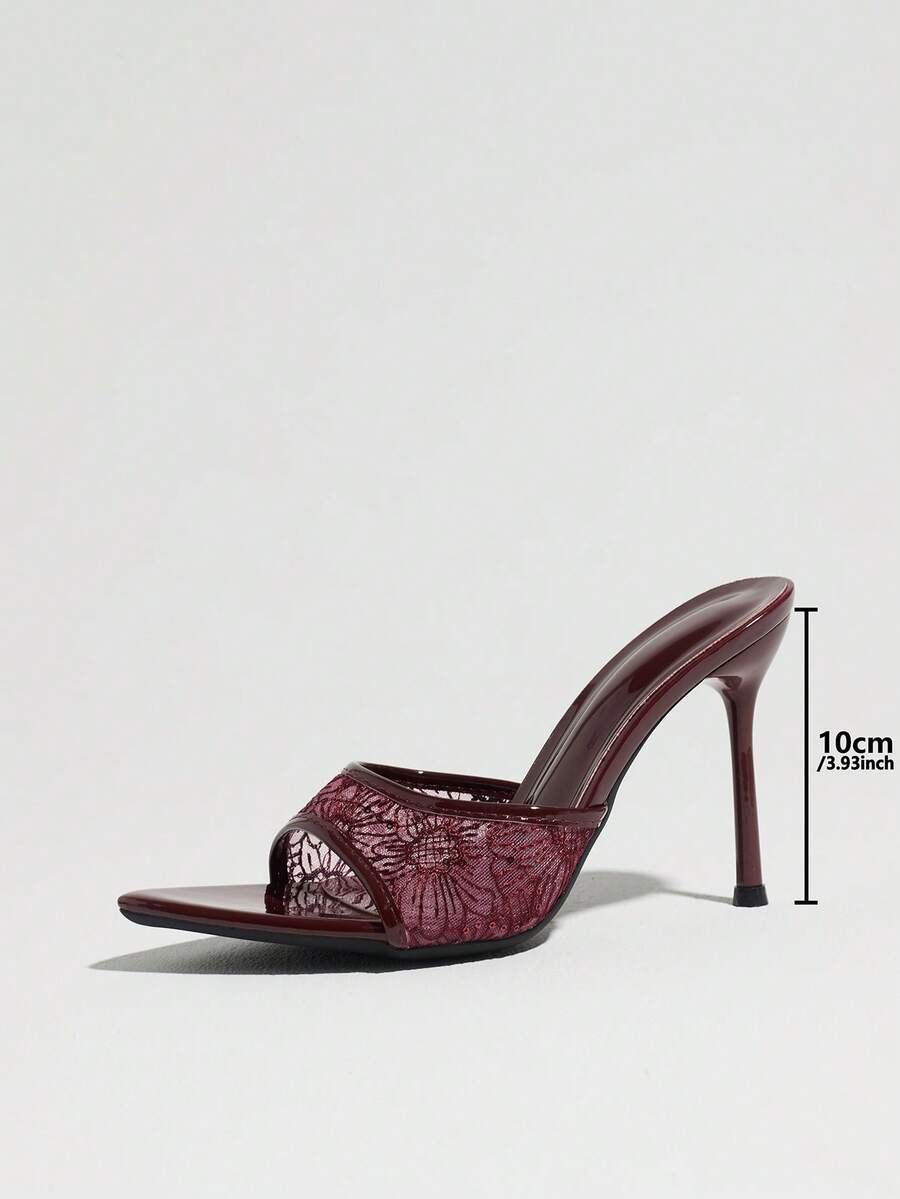Women's open toe stiletto high heel mule shoes in smooth PU leather with slip-on strap design.
