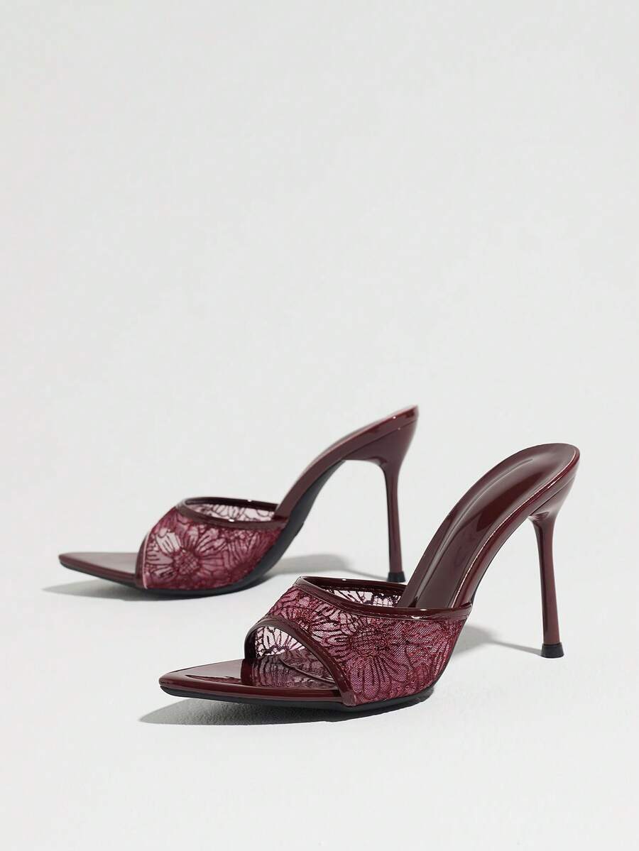 Women's open toe stiletto high heel mule shoes in smooth PU leather with slip-on strap design.