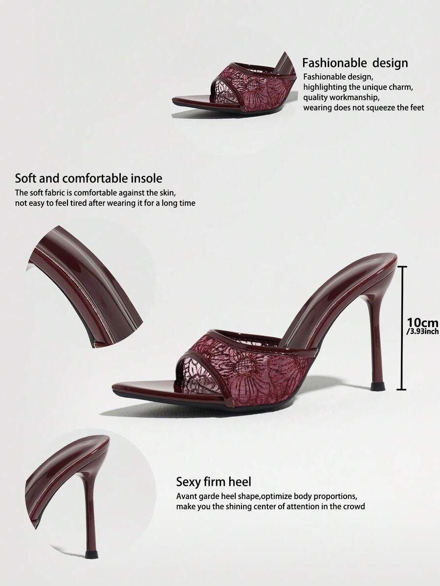Women's open toe stiletto high heel mule shoes in smooth PU leather with slip-on strap design.
