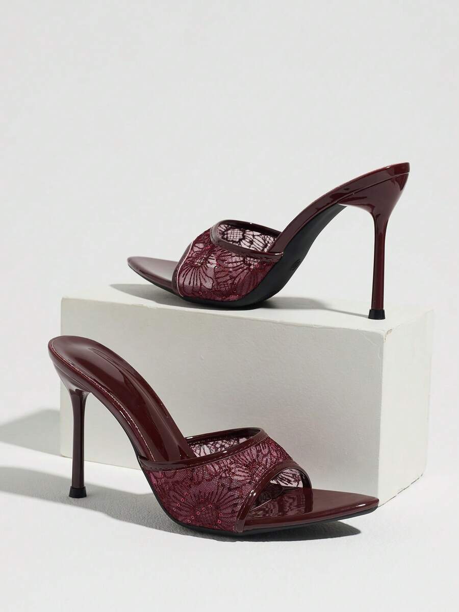 Women's open toe stiletto high heel mule shoes in smooth PU leather with slip-on strap design.