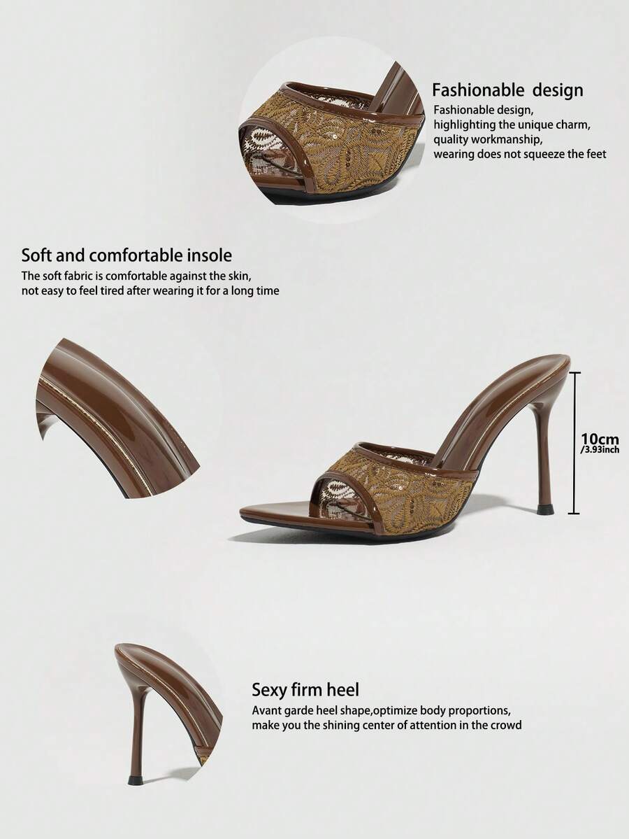 Women's open toe stiletto high heel mule shoes in smooth PU leather with slip-on strap design.