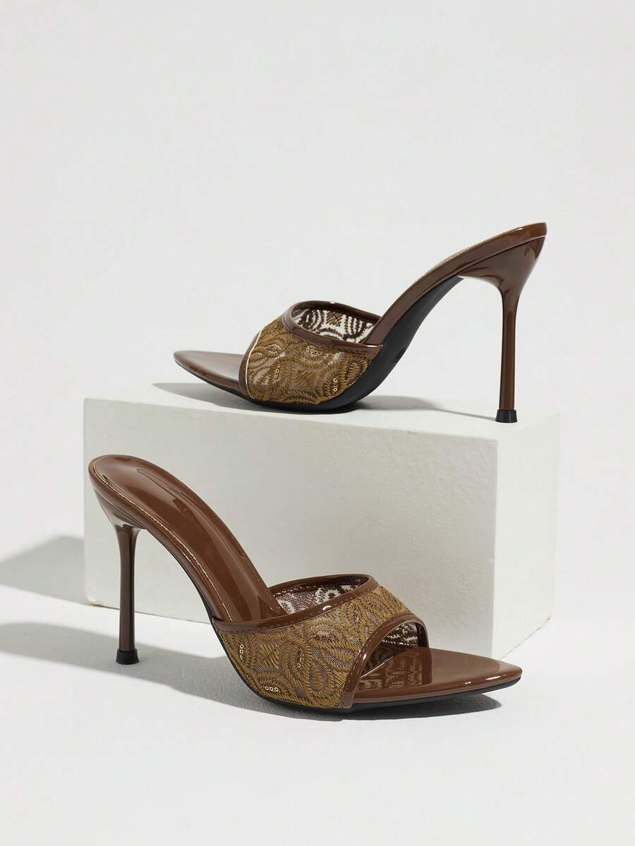 Women's open toe stiletto high heel mule shoes in smooth PU leather with slip-on strap design.