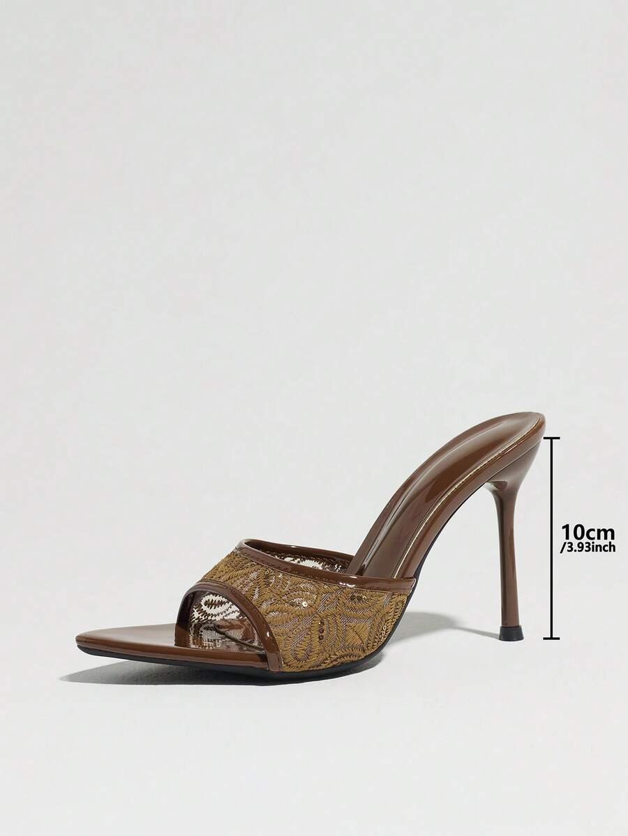 Women's open toe stiletto high heel mule shoes in smooth PU leather with slip-on strap design.