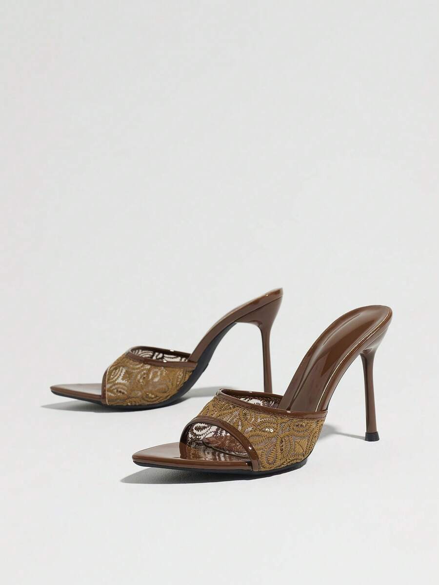 Women's open toe stiletto high heel mule shoes in smooth PU leather with slip-on strap design.