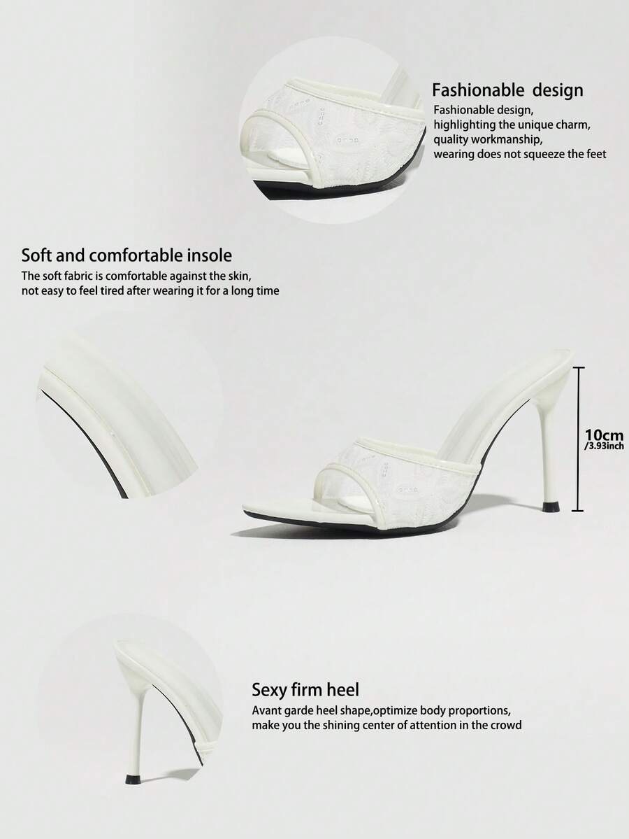 Women's open toe stiletto high heel mule shoes in smooth PU leather with slip-on strap design.