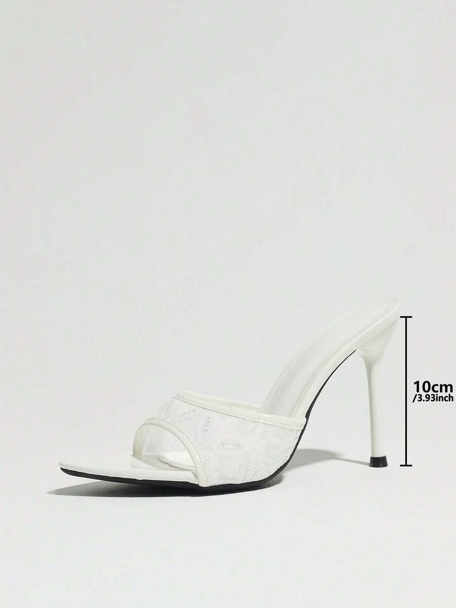 Women's open toe stiletto high heel mule shoes in smooth PU leather with slip-on strap design.