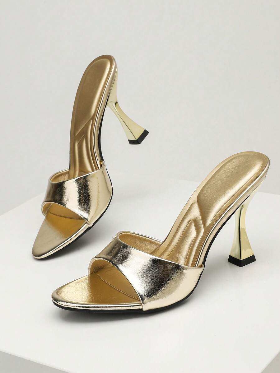 Women's open toe high heel sandals with slingback strap and sleek stiletto heel in smooth PU leather.