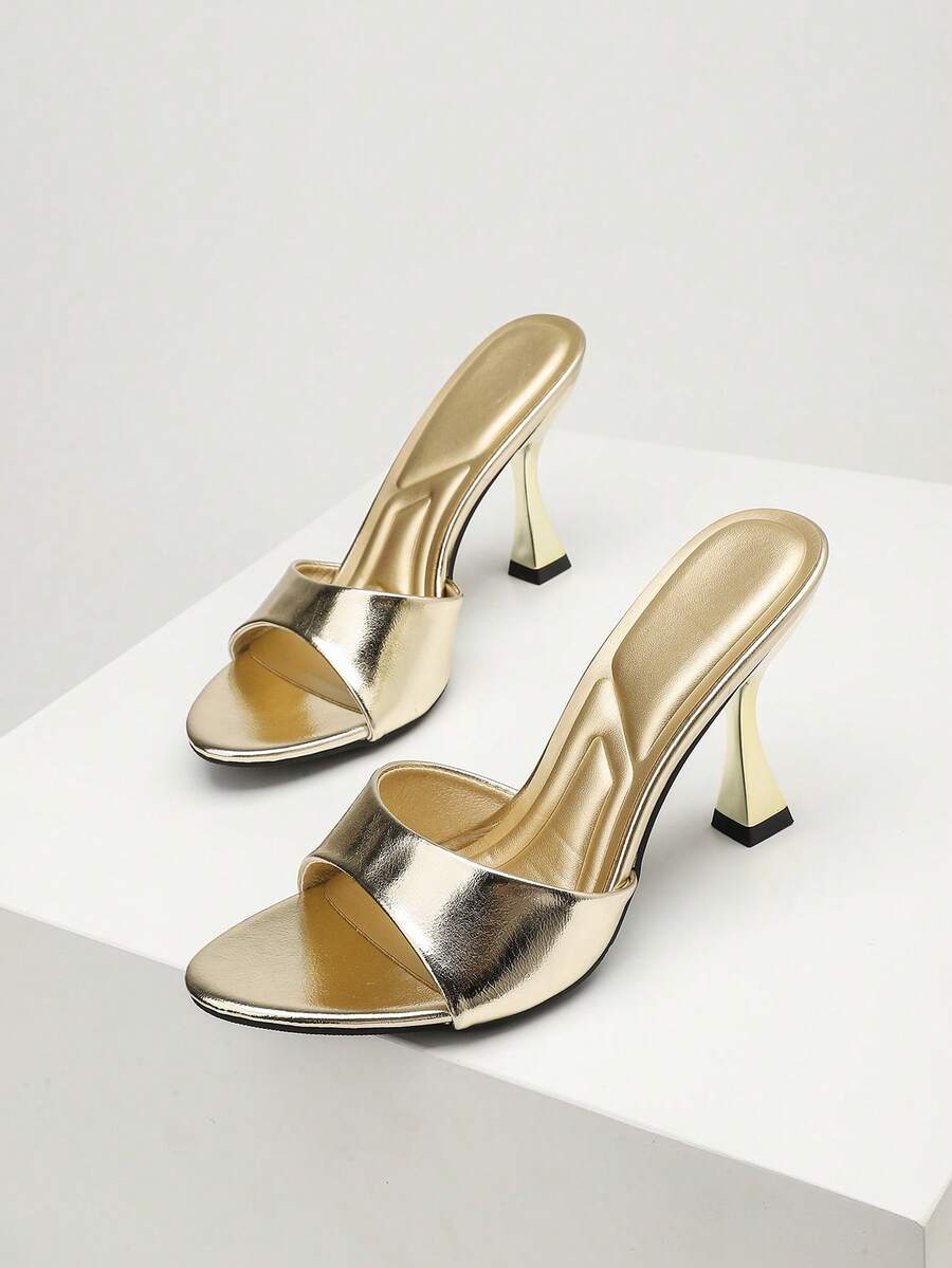 Women's open toe high heel sandals with slingback strap and sleek stiletto heel in smooth PU leather.