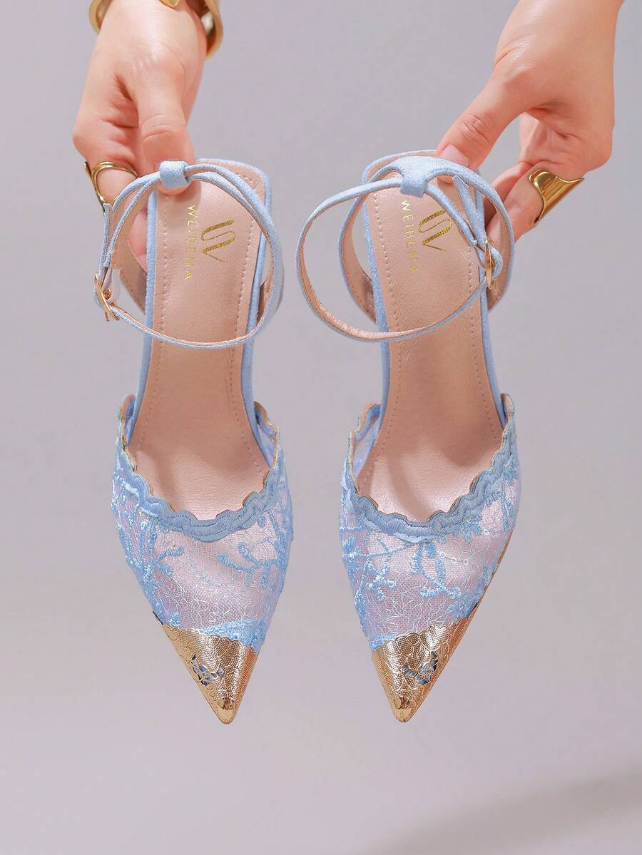 White pointed toe high heel stiletto sandals featuring lace patchwork, fringe trim, and an oversized bowknot accent.