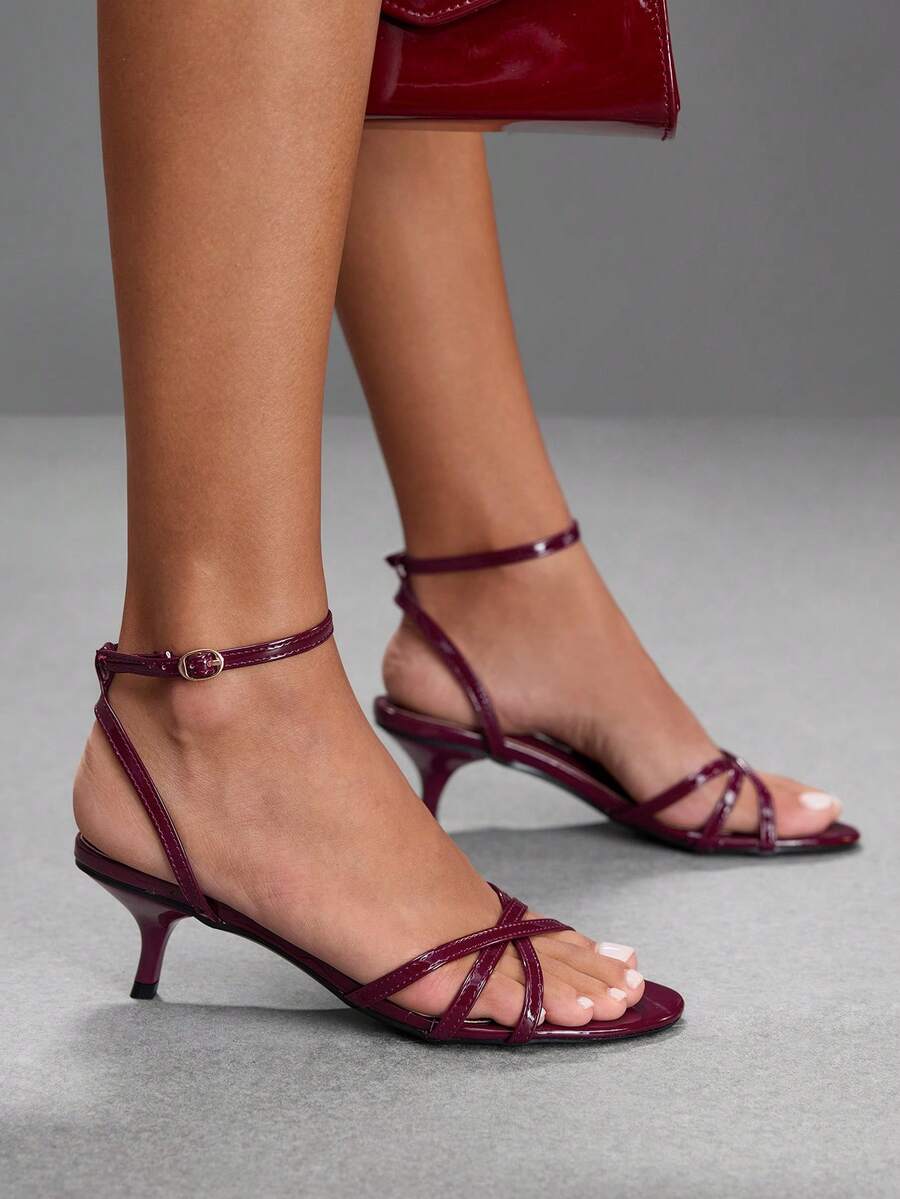 Women's pointed toe kitten heel shoes with adjustable ankle strap buckle closure
