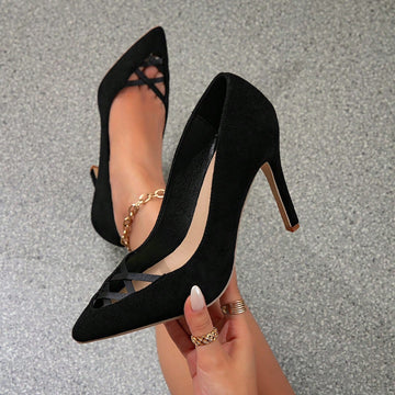 Women's color block pointed toe stiletto high heel pumps featuring an adjustable slingback buckle strap and denim upper.