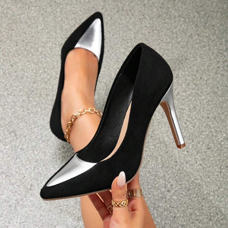 Women's color block pointed toe stiletto high heel pumps featuring an adjustable slingback buckle strap and denim upper.