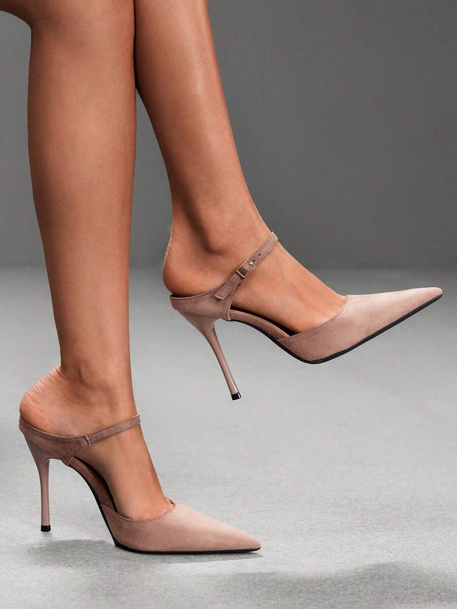 Burgundy pointed toe stiletto high heels with ankle strap buckle detail in patent PU leather