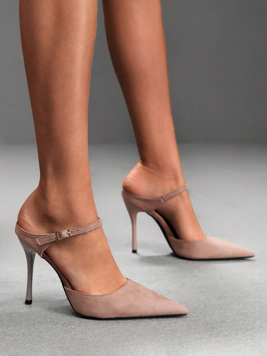 Burgundy pointed toe stiletto high heels with ankle strap buckle detail in patent PU leather