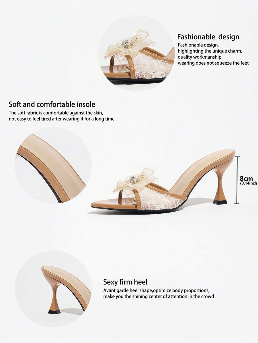 Women's pointed toe high heel mule sandals featuring a sleek slip-on design with elegant lace embroidery detailing