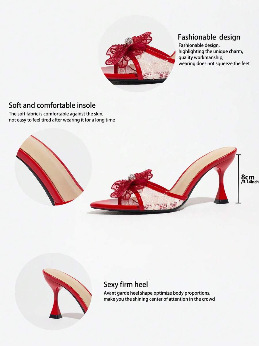 Women's pointed toe high heel mule sandals featuring a sleek slip-on design with elegant lace embroidery detailing