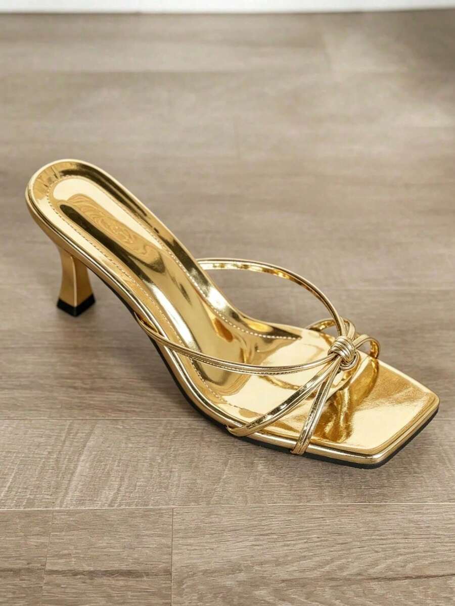 Gold crisscross strap peep toe stiletto heel slide sandals for women