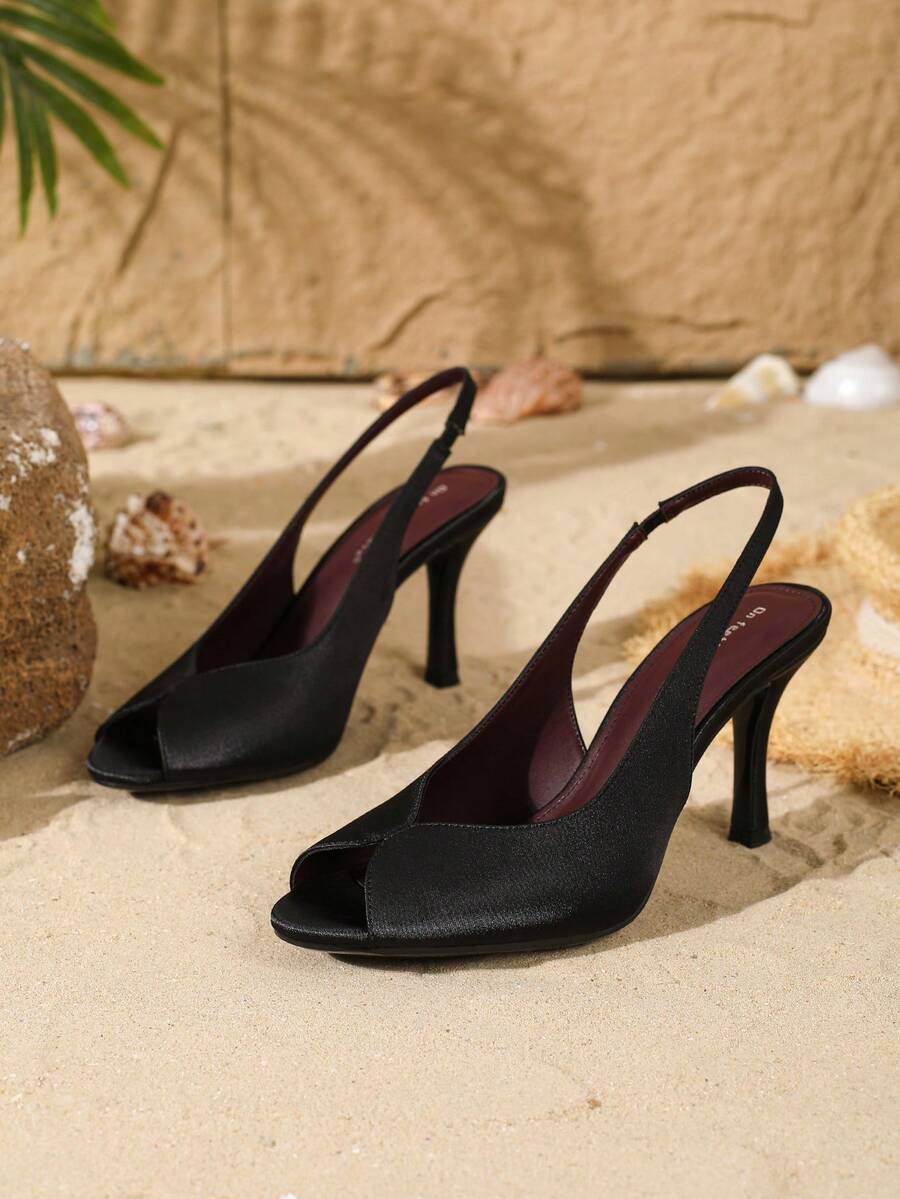 Women's peep toe satin high heel pumps featuring micro V hollow cut design, stiletto heels, and slingback strap.