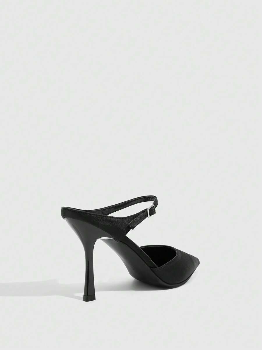 Burgundy pointed toe stiletto high heels with ankle strap buckle detail in patent PU leather