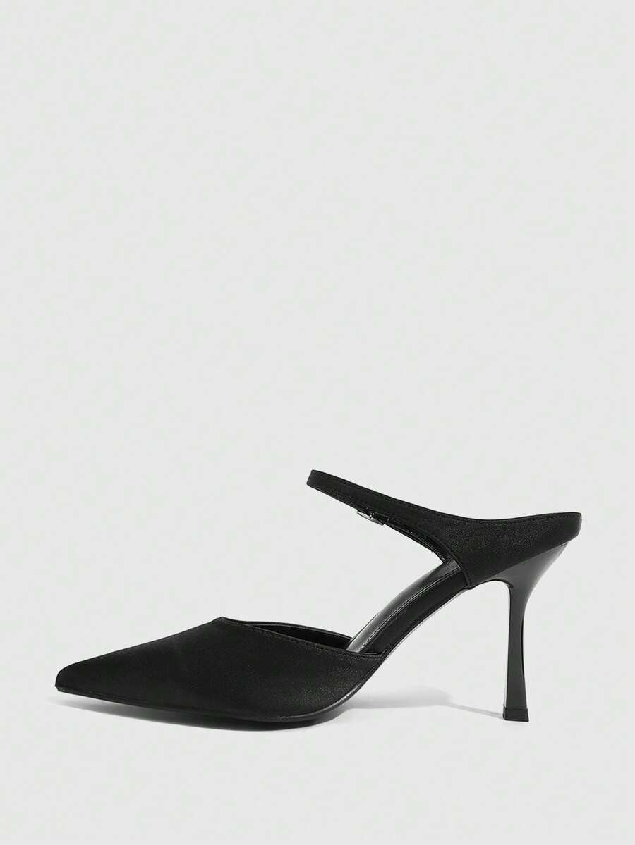 Burgundy pointed toe stiletto high heels with ankle strap buckle detail in patent PU leather