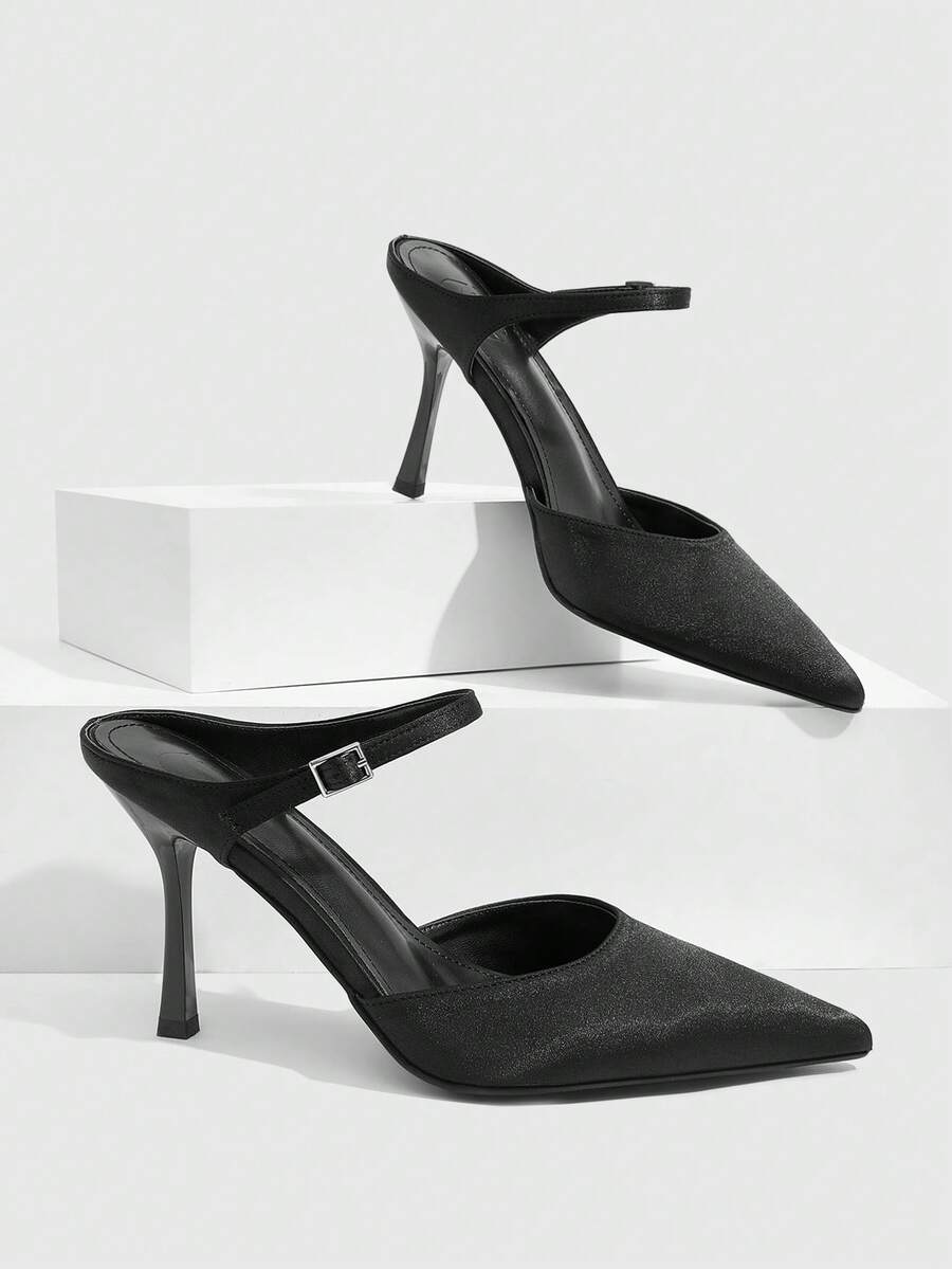 Burgundy pointed toe stiletto high heels with ankle strap buckle detail in patent PU leather