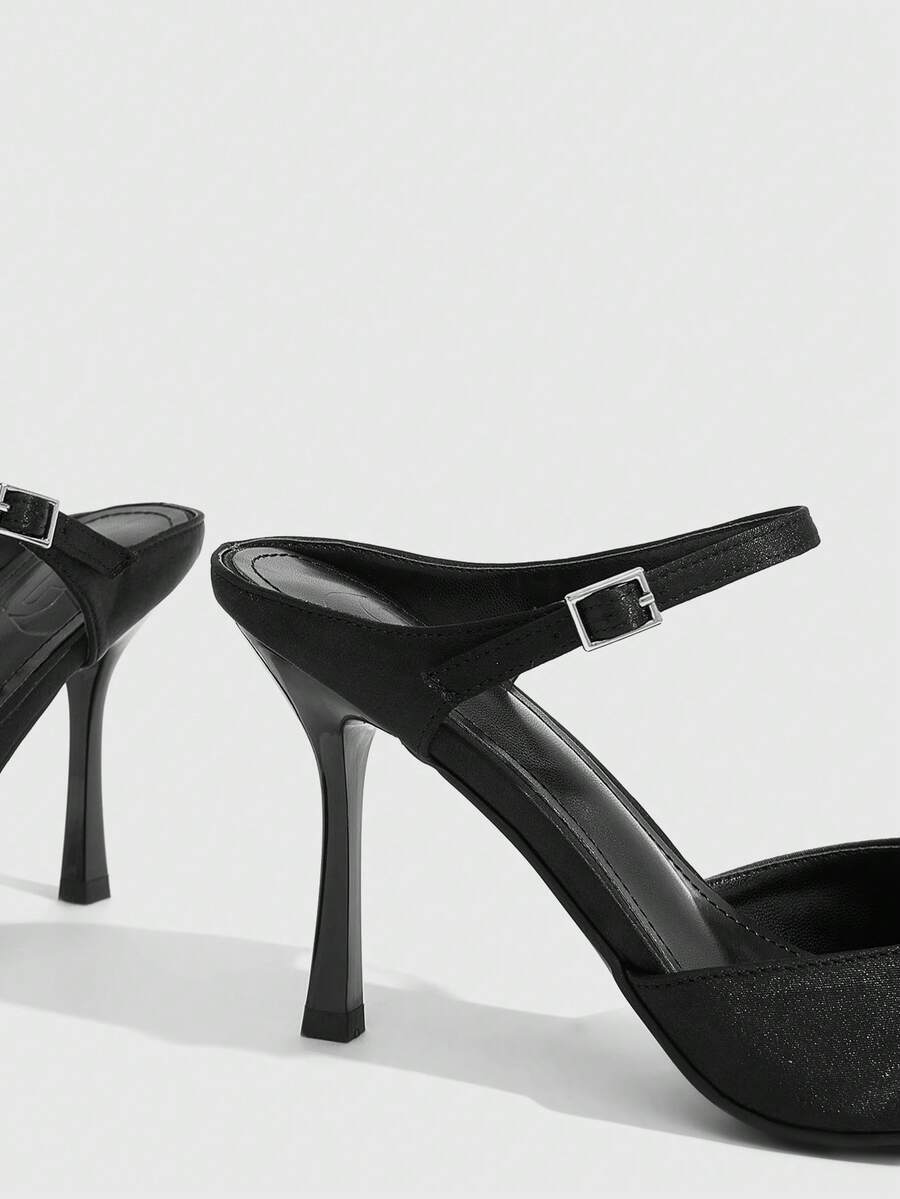 Burgundy pointed toe stiletto high heels with ankle strap buckle detail in patent PU leather