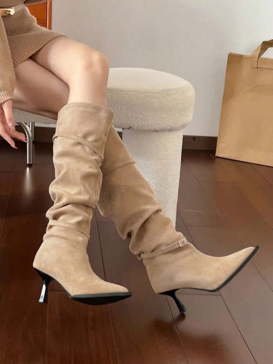 Women's pointed toe wrinkled knee-high boots with slim kitten heels in slip-on slouchy design