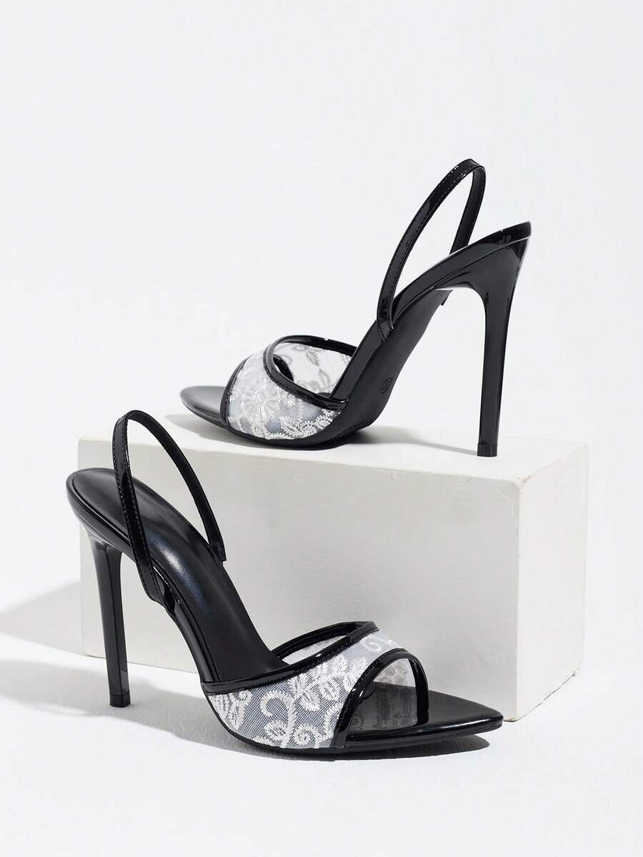 Burgundy women's high heel sandals featuring lace mesh accents, stiletto heel, open round toe, and buckle ankle strap.
