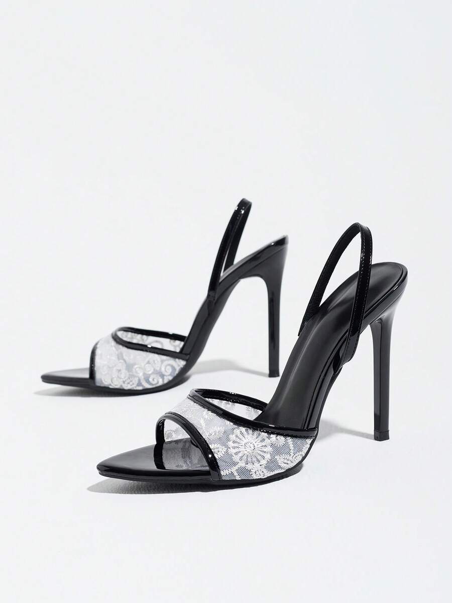 Burgundy women's high heel sandals featuring lace mesh accents, stiletto heel, open round toe, and buckle ankle strap.