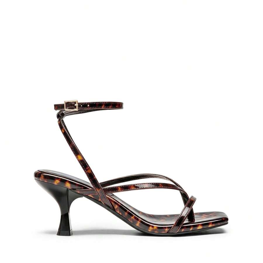 Pair of women's minimalist square toe kitten heeled thong sandals featuring slim ankle straps with buckle closure and sleek low heels.