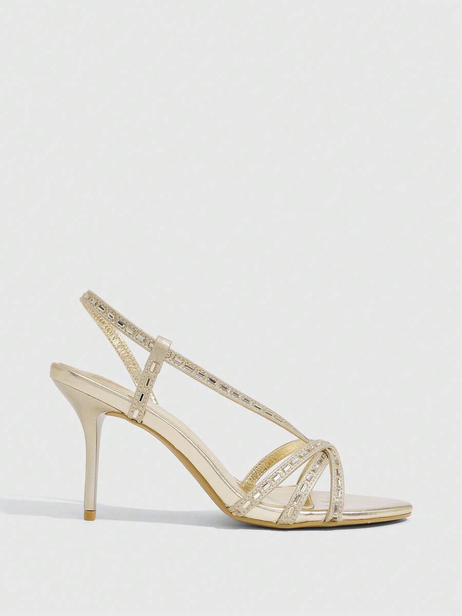 Women's open toe stiletto heel sandals featuring square toe design, criss-cross rhinestone slim straps, and secure ankle strap.
