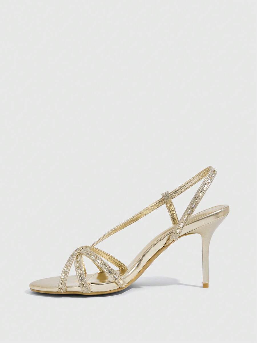 Women's open toe stiletto heel sandals featuring square toe design, criss-cross rhinestone slim straps, and secure ankle strap.