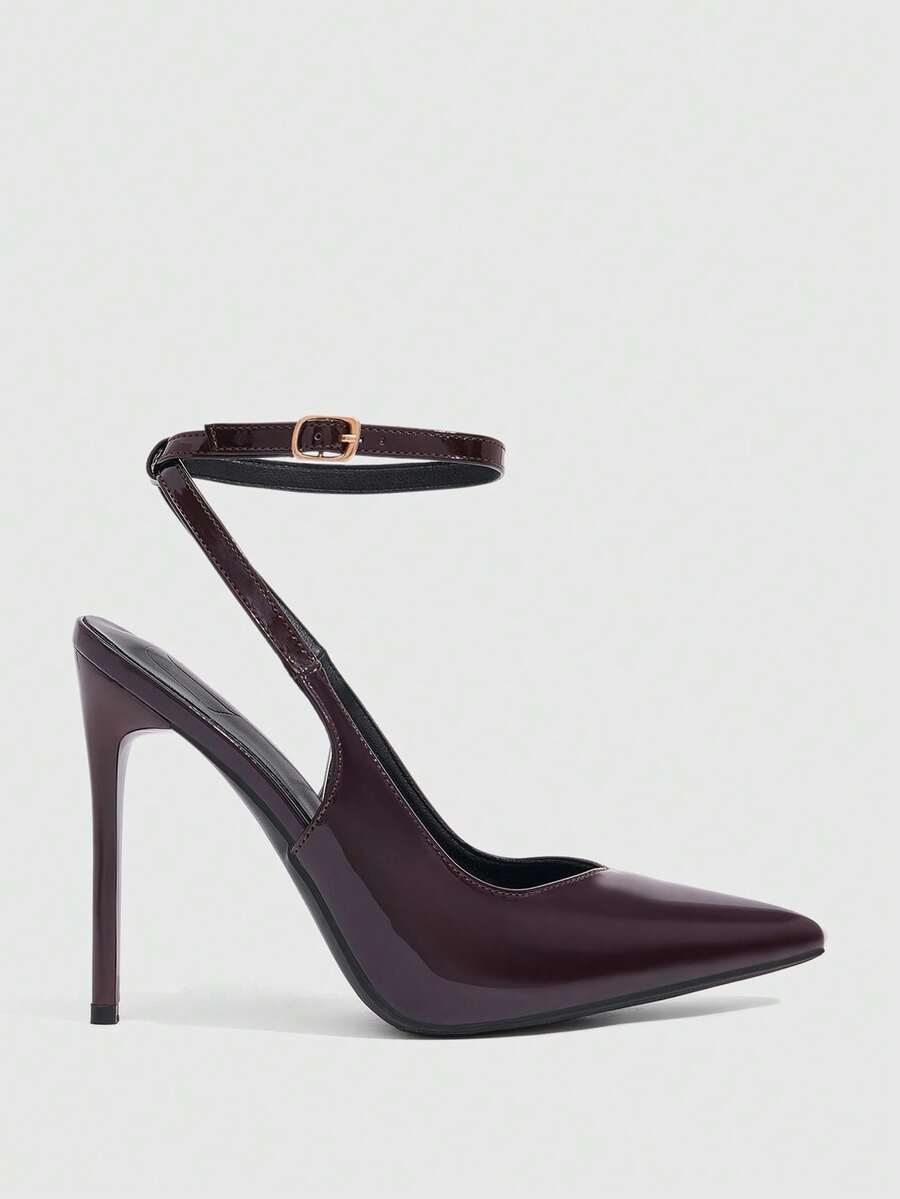 Pointed toe stiletto high heels with slingback silhouette and adjustable buckle ankle strap.
