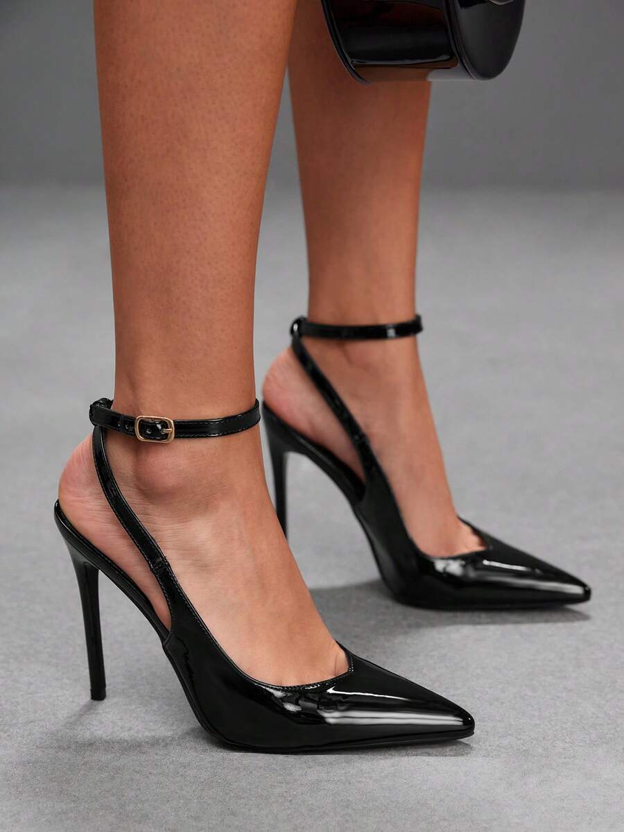 Pointed toe stiletto high heels with slingback silhouette and adjustable buckle ankle strap.