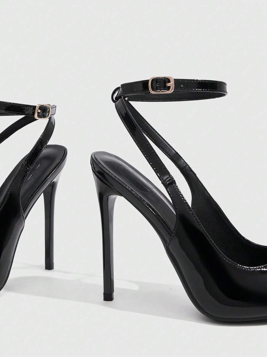 Pointed toe stiletto high heels with slingback silhouette and adjustable buckle ankle strap.