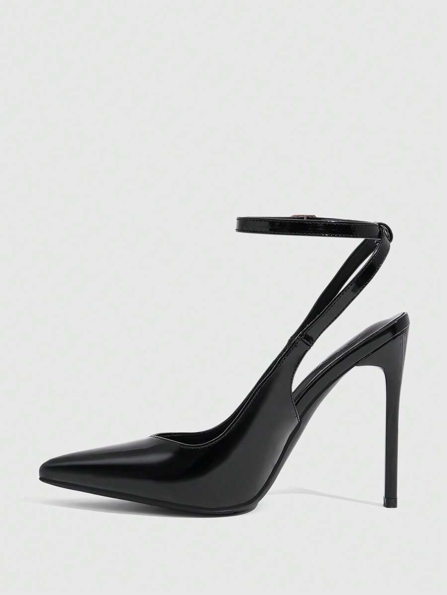Pointed toe stiletto high heels with slingback silhouette and adjustable buckle ankle strap.