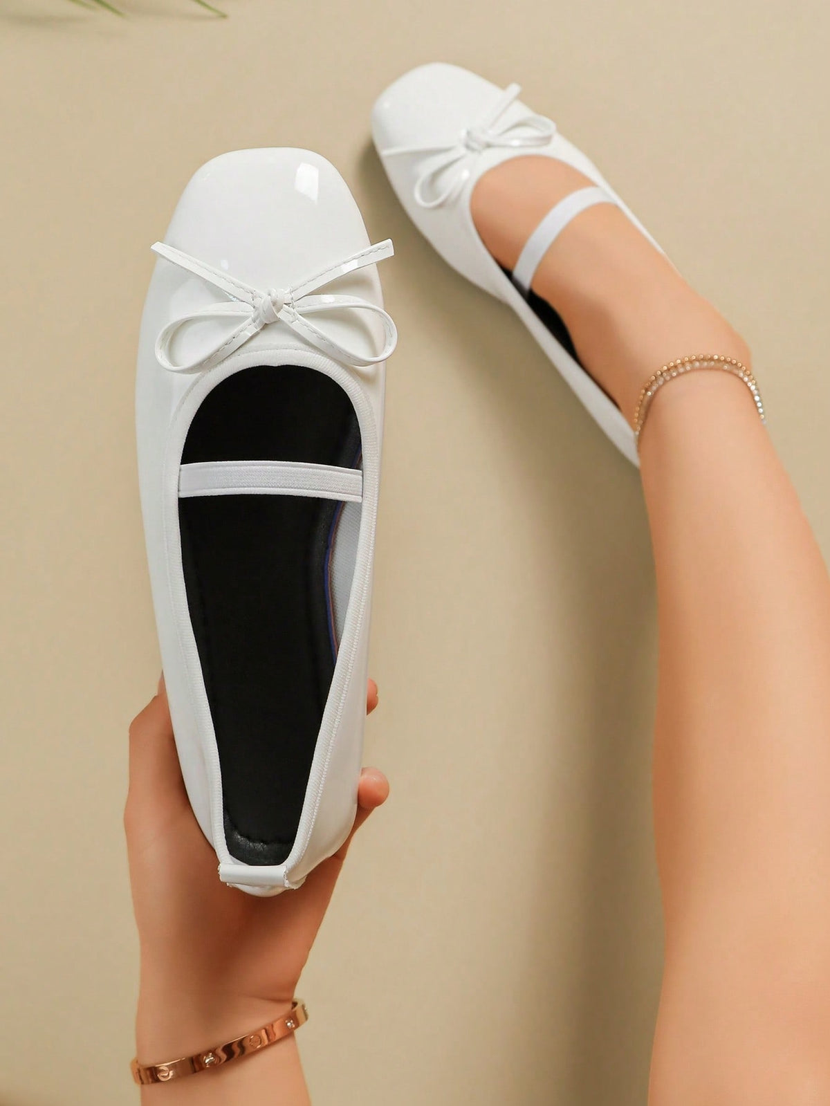 Square toe ballet flat shoes with bow detail and slip-on wide fit design.
